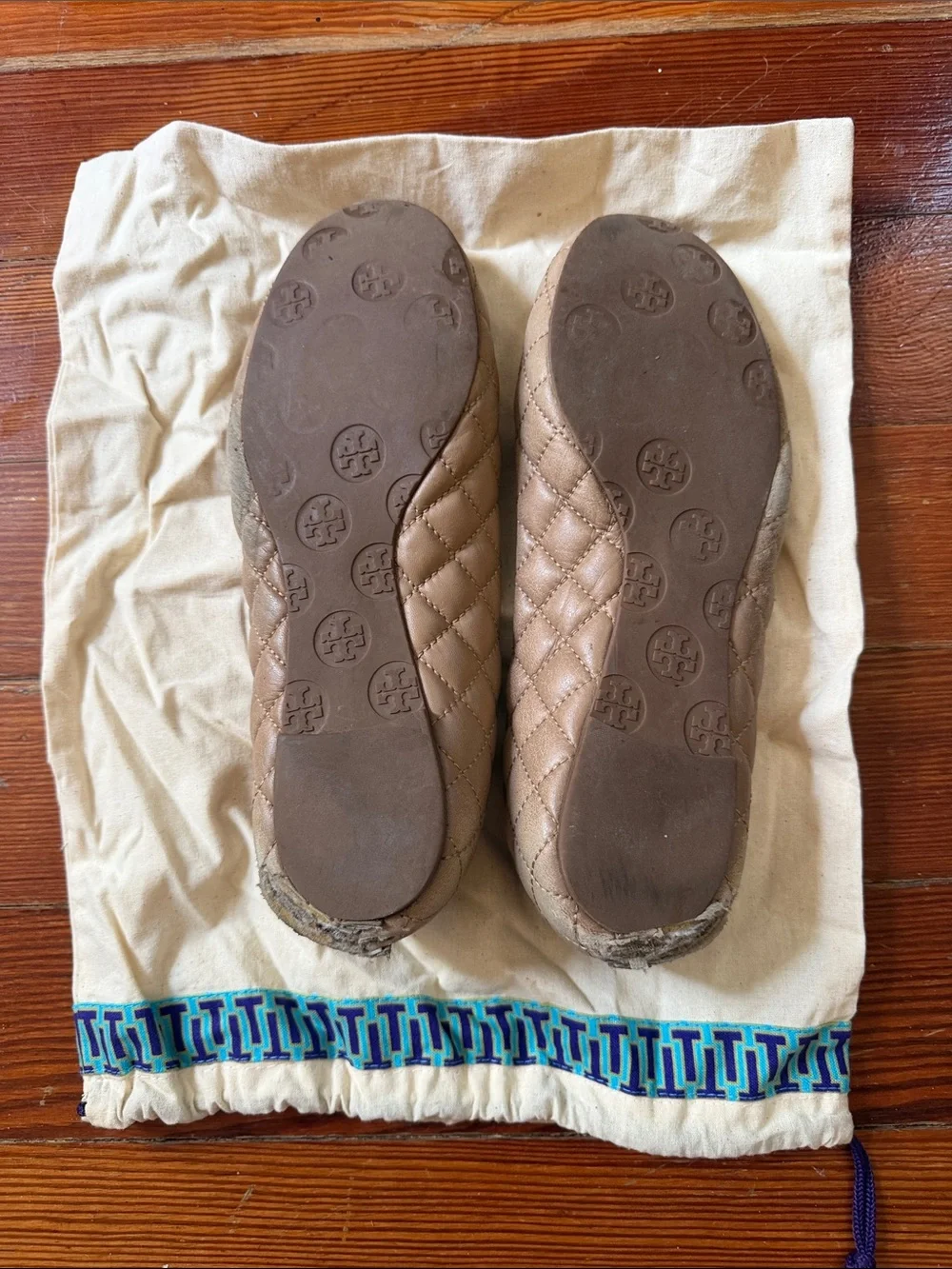 Tory Burch Tan Quilted Logo Cap-Toe Flats